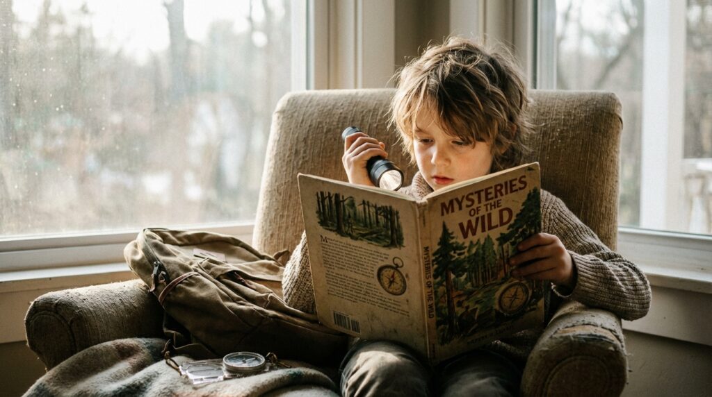 Children reading thrilling adventures.