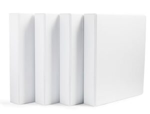 Four white binders stacked