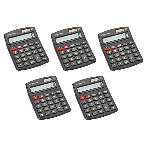 Five black calculators arranged