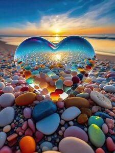 Colorful pebbles heart reflection